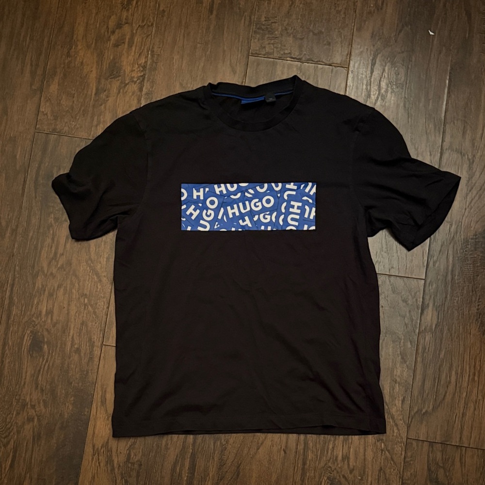HUGO Black Tee with Blue Graphic